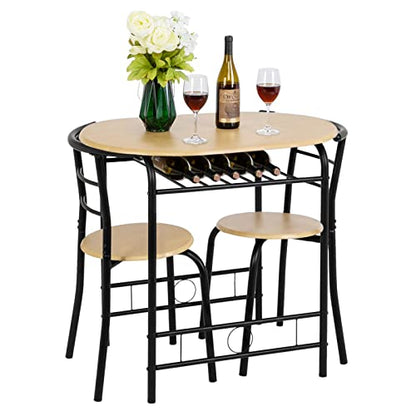 VINGLI 3 Piece Dining Set,Small Kitchen Table Set for 2,Breakfast Table Set for 2,Kitchen Wooden Table and 2 Chairs for Small Space/Dining Room/Apartment,Metal Frame,Wine Rack,Black&Natural - color: Black&natural