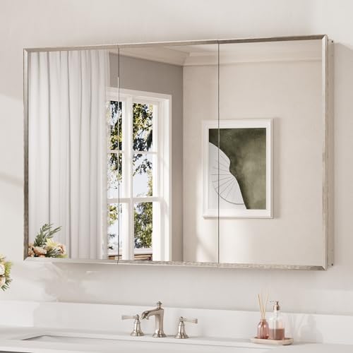 Keonjinn Large Medicine Cabinet Mirror 48 x 32 Inch, Brushed Nickel, 3 Door | Assembly Required, Adjustable Shelves, Aluminum Cabinet, Tempered Glass, Surface Mount or Recessed, Ideal for Large Spaces - color: Brushed Nickel, size: 48x32 In