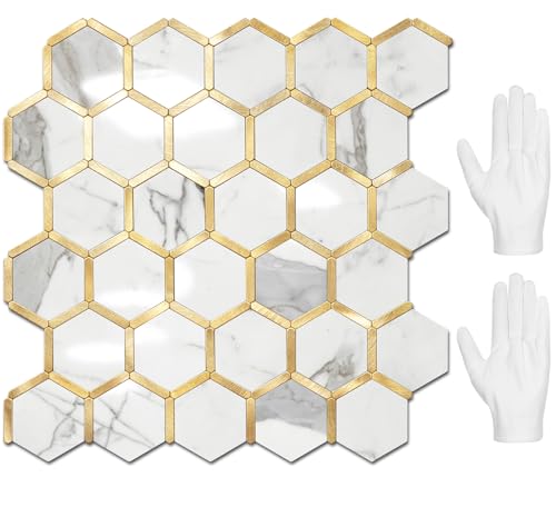 STICKGOO Hexagon Peel and Stick Backsplash Tile, Stick on Backsplash for Kitchen and Bathroom, Glossy Carrara White PVC Mixed Metal Gold Self Adhesive Wall Tiles(10 Sheets, Seamless) - color: Carrara White with Metal Gold