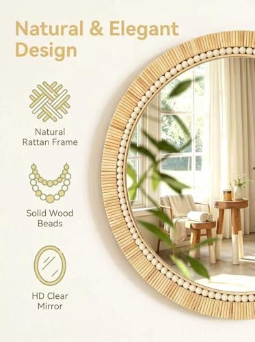 OYPEIP 24 Inch Round Natural Rattan Wall Mirror, Boho Decorative Mirror with White Beads, Rustic Farmhouse Circle Mirror for Living Room, Entryway, Bathroom, Bedroom