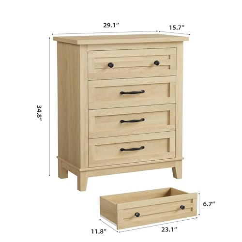 GarveeHome 4 Dresser for Bedroom, 34.8" Tall Vertical Drawer Dresser with Large Storage, Freestanding Wooden Closet Chest for Bedroom, Living Room - color: Natural Oak, size: 15.7"D x 29.1"W x 34.8"H (4 Drawers)
