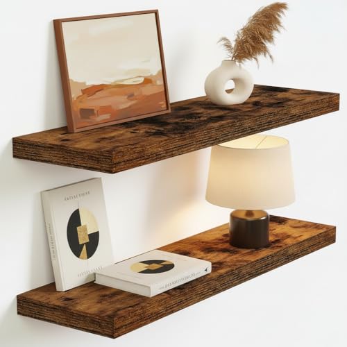 Vivelove Floating Shelves 9 inch Deep 24”Long Set of 2, Rustic Brown | Easy Install With Hardware, 1.5" Thick, Invisible Brackets, Wall Mounted, No Sagging, For Any Room - color: Rustic Brown, size: 24”wx9.3”dx1.5”h