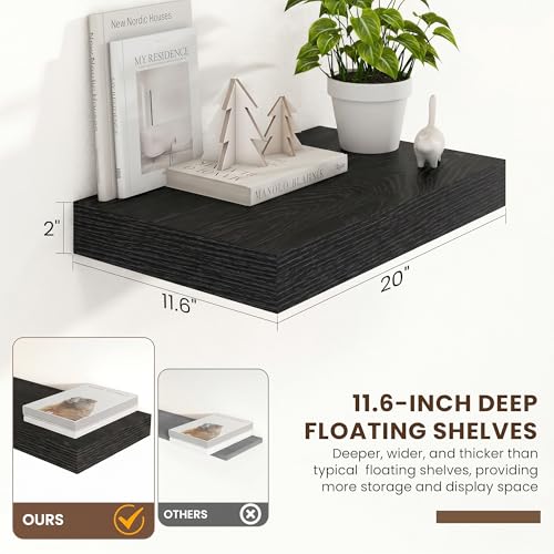 20 Inch Floating Shelves, 12'' Deep Black Shelves for Wall Set of 2 | Invisible Brackets, Engineered Wood, Mounting Hardware Included, 35LBS, Bathroom, Laundry Room, Kitchen, Living Room - color: Black, size: 20W x 11.6D x 2H, 2 Pack