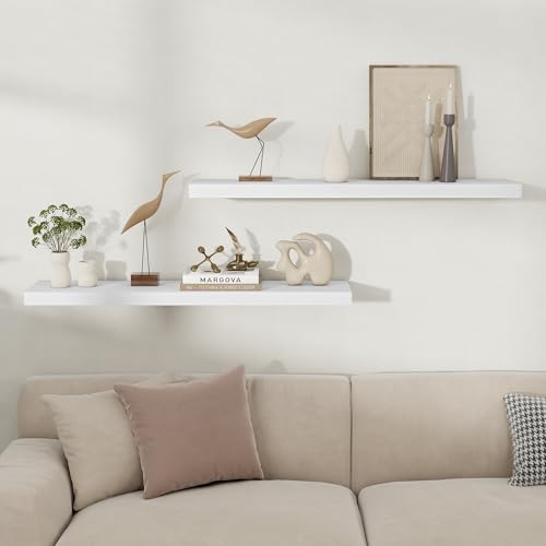 Fun Memories Floating Shelves for Wall, 40 Inch Long Set of 2 Rustic Wood Wall Shelves with Invisible Brackets, Heavy Duty Storage Display for Living Room Bedroom Kitchen, White - color: White, size: 8"D x 40"L - 2Pack
