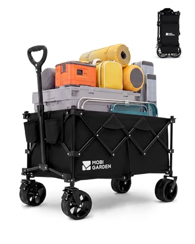MOBI GARDEN 330Lbs Collapsible Folding Wagon Cart with Wheels 190L Capacity | Portable Utility Beach Wagon with Adjustable Handle and All-Terrain Wheels for Family Camping,Grocery,Shopping,Obsidian Black - color: Obsidian Black, size: 190L