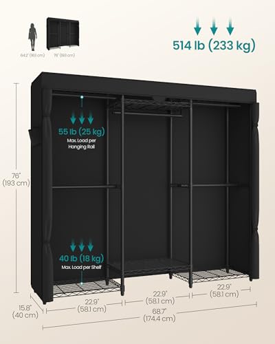 SONGMICS Heavy-Duty Clothes Rack, Garment Rack, Portable Closet, 68.7-Inch Wide Clothing Rack with Adjustable Mesh Shelves and Hanging Rails, Ink Black ULGR435B01 - color: Ink Black, size: 68.7"L x 76"H, style: With Fabric Cover