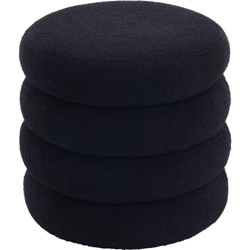 Flouki 19.5" Storage Ottoman Round, Vanity Stools for Bedroom, Sherpa Pouf Ottoman with Removable Lid, Modern Ottoman Stool for Girls Women, Foot Stool for Living Room, Black - color: Black