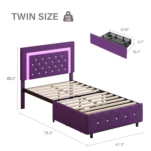Twin Bed Frame with LED Lights and Diamond Tufted Headboard,Purple | Upholstered Bed with 2 Storage Drawers, Princess Platform Bed with Wooden Slats Support, No Box Spring Needed, Purple - color: Purple, size: Twin