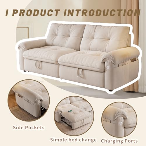 77" Sleeper Sofa Bed, Convertible Pull Out Couch with Velvet Fabric, 3-in-1 Loveseat L Shaped Couch Bed with Adjustable Backrest, Side Pocket & USB Ports for Living Room Apartment, White - color: Beige, style: Sofa Bed w/USB