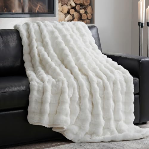 Faux Rabbit Fur Bubble Throw Blanket, 60"x80", Bright White | Ultra Soft, Luxury Faux Rabbit Fur Throw, Thick Warm Bubble Blanket, Cozy Fluffy Reversible, for Bed, Couch, Chair, Sofa - color: Bright White, size: 60"x80"