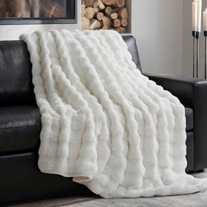Faux Rabbit Fur Bubble Throw Blanket, 60"x80", Bright White | Ultra Soft, Luxury Faux Rabbit Fur Throw, Thick Warm Bubble Blanket, Cozy Fluffy Reversible, for Bed, Couch, Chair, Sofa - color: Bright White, size: 60"x80"