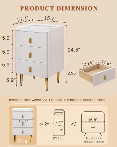 Narrow Nightstand with Drawers, 15.75" Narrow Bedside Table for Bedroom | Solid Wood Narrow Night Stand with Sintered Stone Top & Leather Surface, Slim Nightstand for Small Spaces, White - color: White, size: 15.7''×15.7''×24.5''