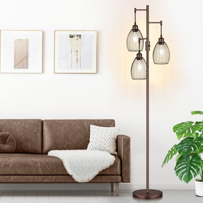Torondo Dimmable Farmhouse Industrial Floor Lamp, Matte Brown Tree Standing Tall Lamps with 3 Elegant Teardrop Cage Head & 800 Lumens LED Edison Bulbs for Living Room Bedroom Office Dining Room - color: Matte Brown-70 inches