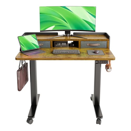 Claiks Standing Desk with Drawers & Wheels, 2 Height Shelf 40" Rustic Brown | 2 height adjust shelf, tabletop drawers, felt fence design, sturdy supports 176 lbs, 4 wheels, 2 tire monitor stand - color: Rustic Brown, size: 39.4×23.6