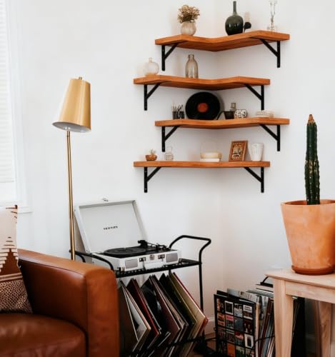 LEOPO Corner Floating Shelves Wall Mounted Set of 4, Corner Wall Shelves | Rustic Wood Storage Display for Home Decor, Bedroom, Living Room, Kitchen, Office, Bathroom, Laundry Room, Reddish Brown - size: Reddish Brown 4-Pack