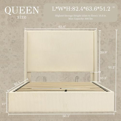 Queen Bed Frame with Lift Up Storage, 51.2" Tall Headboard and Upholstered Wingback Platform Bed Frame, Hydraulic Support, No Box Spring Needed, Beige Corduroy - size: Queen (U.S.Standard)