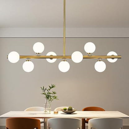 Mid Century Modern Globe Sputnik Chandelier, 9-Light Linear Chandeliers for Dining Room and Kitchen Island, Dining Light Fixture Over Table, Brass Gold and Milk White Glass Bubble, 40 Inch - color: Gold Milk White, size: 9-Light 40 Inch