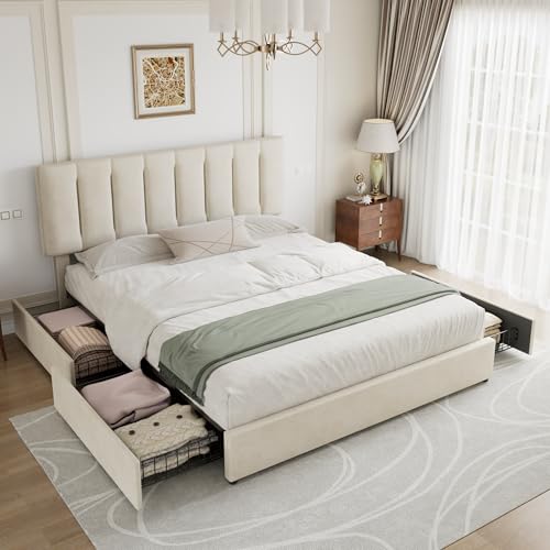 VECELO King Size Bed Frame with 4 Storage Drawers, Adjustable Height Headboard, Heavy-Duty Bedframe with Strong Wooden Slats, No Box Spring Needed, Pale Beige - color: Pale Beige, size: King, style: Bed Frame With Drawers