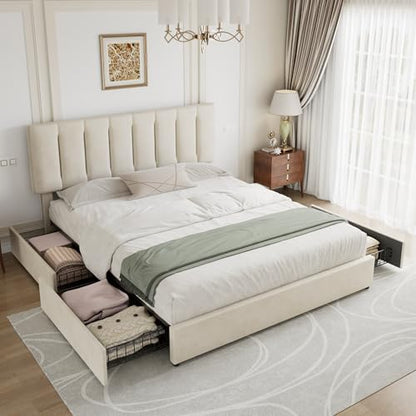 VECELO King Size Bed Frame with 4 Storage Drawers, Adjustable Height Headboard, Heavy-Duty Bedframe with Strong Wooden Slats, No Box Spring Needed, Pale Beige - color: Pale Beige, size: King, style: Bed Frame With Drawers