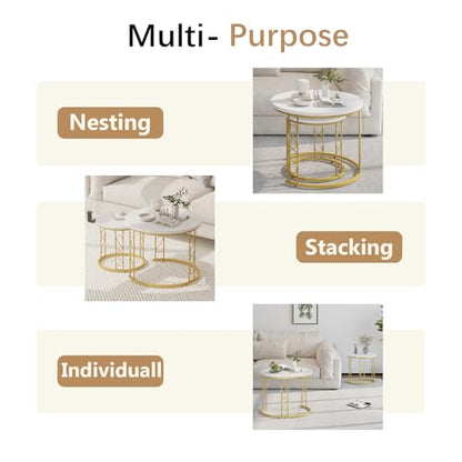 Coffee Table Faux Marble Nesting Table for Small Place 2 Sets Modern Furniture Living Room Sets End Side Table Night Stand for Bed Room Dining Room (White & Gold) - color: White and Gold