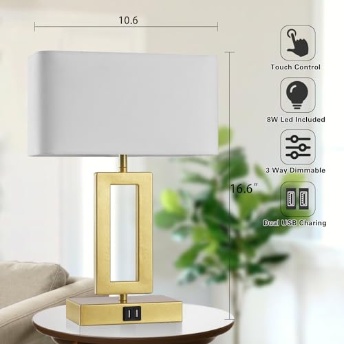 gernehop Gold Table Lamps Set of 2 with Dual USB Ports,3-Way Dimmable Touch Control Bedside Lamps,Modern Bedroom Table Lamp for Living Room,Nightstand LED Bulbs Included - color: 16Inch Whie&Gold