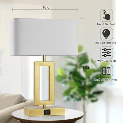 gernehop Gold Table Lamps Set of 2 with Dual USB Ports,3-Way Dimmable Touch Control Bedside Lamps,Modern Bedroom Table Lamp for Living Room,Nightstand LED Bulbs Included - color: 16Inch Whie&Gold