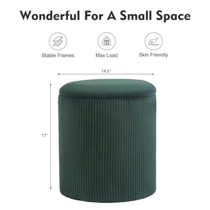 Round Storage Ottoman with Tray Lid | Upholstered Vanity Stool for Makeup, Ottomans Coffee Table, Small Foot Rest for Living Room Bedroom - color: Dark Green - Upgrade Taray Lid