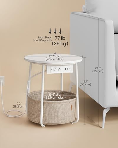 VASAGLE LILEA Collection - Side Table with Charging Station, Round End Table with Fabric Basket, Nightstand with USB Ports, for Living Room, Bedroom, Modern, Matte White and Camel Brown ULET228W01 - color: Matte White + Camel Brown