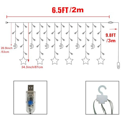 FUCHSUN 138 Led Curtain String Lights Ramadan Icicle Light, Crescent Star | 8 Lighting Modes Timer, Dimmable Fairy Hanging Lights for Window Wall Home Decoration, USB Operated, Warm White - size: Crescent and Star