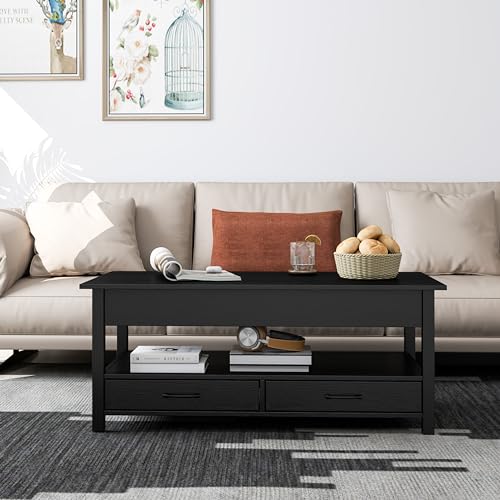 Panana Coffee Table, Lift Top Coffee Table with Hidden Compartment, 2 Drawers and 1 Open Shelf, Retro Central Wooden Table Lift Tabletop for Living Room (Black) - color: Black