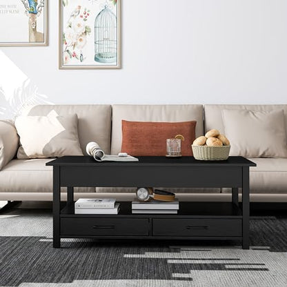 Panana Coffee Table, Lift Top Coffee Table with Hidden Compartment, 2 Drawers and 1 Open Shelf, Retro Central Wooden Table Lift Tabletop for Living Room (Black) - color: Black