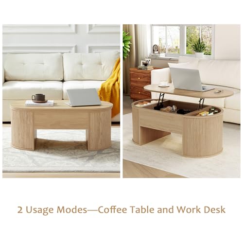 QHITTY Fluted Coffee Table with Lifting Top, Oval Wood Lift Top Coffee Table with Hidden Compartment, Mid Century Pull up Center Tables for Living Room, Office - Natural - color: Round Table-natural