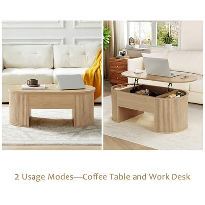 QHITTY Fluted Coffee Table with Lifting Top, Oval Wood Lift Top Coffee Table with Hidden Compartment, Mid Century Pull up Center Tables for Living Room, Office - Natural - color: Round Table-natural
