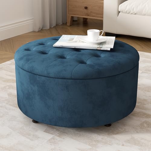 30 Inch Round Storage Ottoman,Modern Blue Tufted Ottomans,Circular Coffee Table with Removable Top,Upholstered Large Ottoman with Storage Footrest Stool for Bedroom Living Room (Blue) - color: Blue, size: 30"D x 30"W x 16.9"H