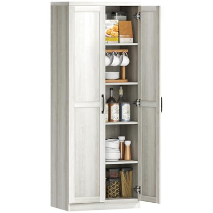 HOMCOM 63" 2-Door Kitchen Pantry 5-Tier Antique White | Freestanding Storage Cabinet, Shelving, 2 Adjustable Shelves, for Dining Room - color: White