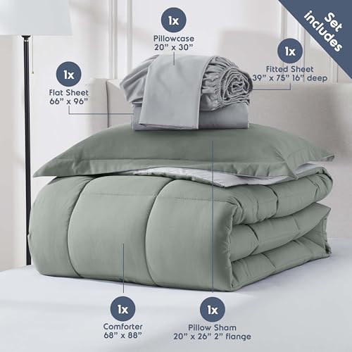 Nestl 5 Piece Twin Comforter Set – Sage Green Reversible Bed in a Bag – Complete Twin Size Bedding Set with Sheets, Pillowcase and Sham - color: Sage Green, size: Twin
