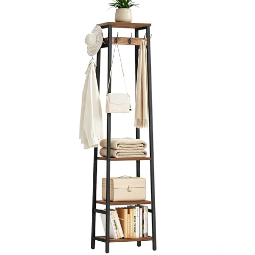 Coat Rack Freestanding with 3 Shelves and 7 Hooks | Coat Stand, Hall Tree Free Standing, Clothes Rack Stand Organizer, Industrial Style, Rustic Brown and Black - color: Rustic Brown and Black, style: 3 Shelves
