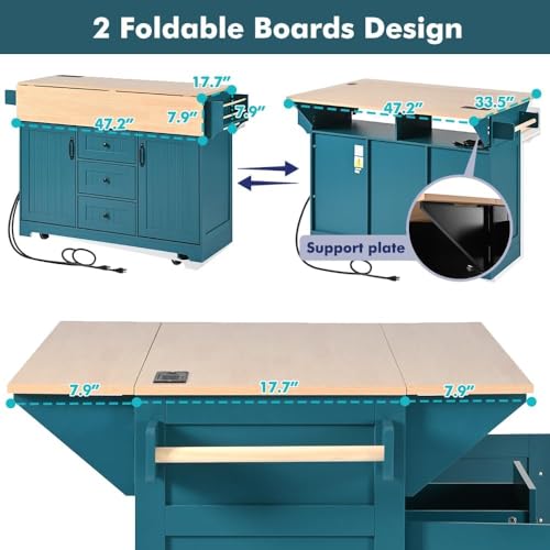 Kitchen Island with 2 Drop Leaf, Home Cart Island on Wheels Foldable Dining Table with Power Outlets,3 Drawers,Storage Cabinet, Tower Rack(Green) - color: Green