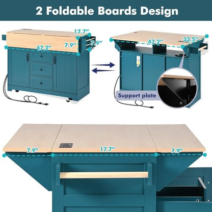 Kitchen Island with 2 Drop Leaf, Home Cart Island on Wheels Foldable Dining Table with Power Outlets,3 Drawers,Storage Cabinet, Tower Rack(Green) - color: Green