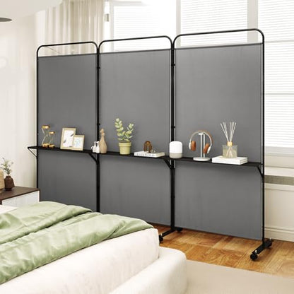 GOFLAME 3 Panel Room Divider with Storage Shelves, 6FT Folding Privacy Screen with Lockable Wheels, Portable Rolling Wall Divider, Freestanding Partition Screen for Room Separation, Grey - color: Grey