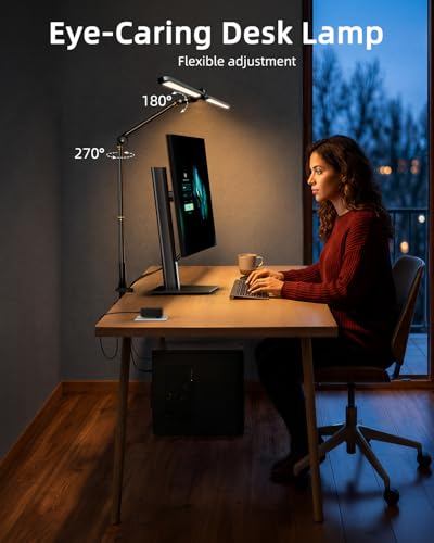 Ring Light with Stand, Sensor Switch Dual Light Head | Desk Lamps for Home Office 270° Rotatable & Extendable Aluminum Alloy Arm, Eye-Caring, 24W Dimmable Desk Light with Clamp