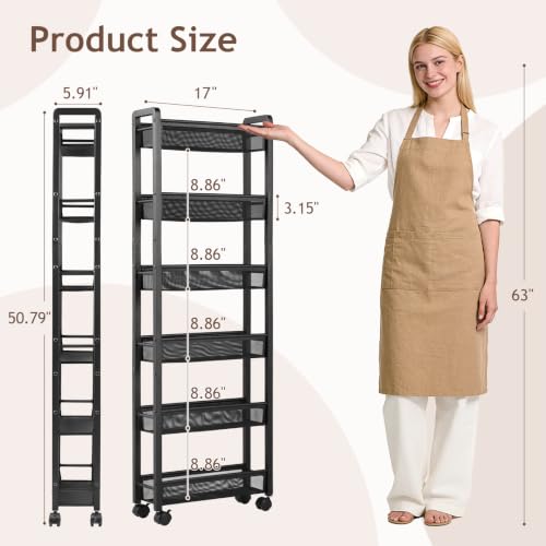 6 Tier Slim Rolling Storage Cart, Kitchen Organizer for Narrow Spaces
