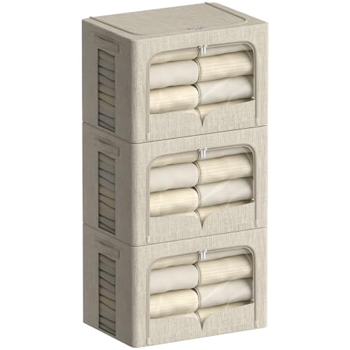 FHSQX 3 Pack Clothes Storage Bins - Foldable Metal Frame Storage Box - Stackable Linen Fabric Container Organizer Set with Carrying Handles and Clear Window (Beige, 16.5x12.2x12.2inch(40L)) - color: Beige, size: 16.5x12.2x12.2inch(40L)