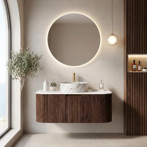 36” Floating Bathroom Vanity with Sink, Fluted Wall-Mounted Solid Wood Cabinet, White Marble-Pattern Ceramic Basin, Faux Marble Top, Soft-Close Drawer, Pre-Assembled, Walnut Woodgrain - color: 03 - Walnut Woodgrain, size: 36"