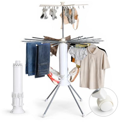 Clothes Drying Rack Foldable with Rolling Wheels, Portable Laundry Drying Rack with 16 Aluminum Arms, Stable 4-Leg Base, 360° Rotating Design for Indoor Outdoor (Double-Tier with Shoe Rack) - size: 2-Tier