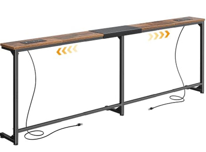 Huuger 63.4-78.3'' Extendable Behind Couch Table with Outlets, Rustic Brown | Stepless Length Adjustment, 2 Power Stations with USB-C Ports, Long Console Table, Slim Sofa Table - color: Rustic Brown, size: 62.9- 78.3"W x 29.5"H