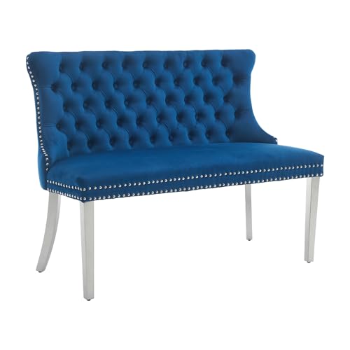 Blue Velvet Dining Bench with Back, Tufted Banquette Seating, Silver Legs | Upholstered loveseat bench; tufted back; nailhead trim; 500 lb capacity; foam and spring seat; dining room or entryway - color: Blue(silver Stainless Steel Legs)