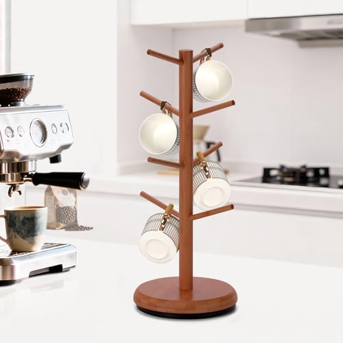 BAMBANG Mug Holder, 360° Rotating Mug Tree Holds 8 Coffee Cups, Space Saving Mug Stand with Stable Base for Kitchen Coffee Bar - color: Tea Brown