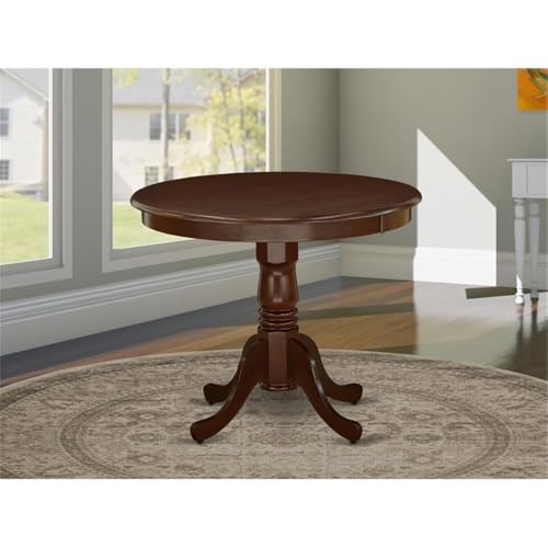 BOWERY HILL 36" Round Wood Dining Table, Mahogany Finish, Solid Asian Rubberwood Construction, Pedestal Base, Traditional Antique Style, Durable Dining Room Table for Kitchen or Family Meals - color: Mahogany