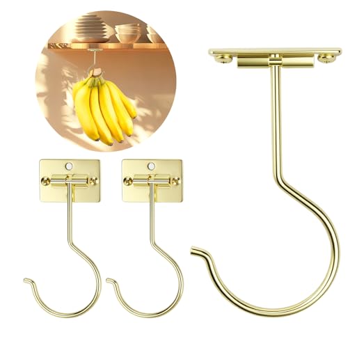 3Pcs Gold Self-Adhesive Banana Hook, Grape Hook, Kitchen Fruit Hooks, Banana Hanger, Keep Bananas Fresh Under The Cabinet, with Magnetic Absorption Storage Perfect Design - color: Gold, size: 3PCS